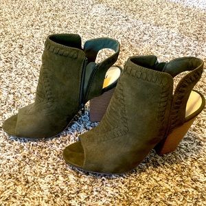Olive green open toe booties